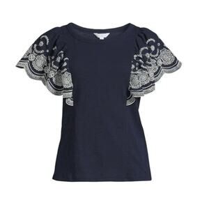 Time and Tru Women's Eyelet Flutter Sleeve Top Navy White Large